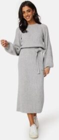 BUBBLEROOM Round Neck Rib Knitted Midi Dress  Grey melange XS