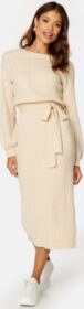 BUBBLEROOM Round Neck Rib Knitted Midi Dress  Light beige S