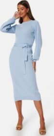 BUBBLEROOM Round Neck Rib Knitted Midi Dress  Light blue L
