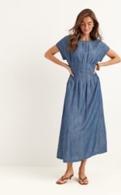 BUBBLEROOM Denim Pleated Midi Dress