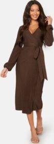 BUBBLEROOM Pleated Wrap Midi Dress Brown XS