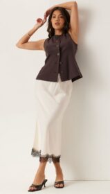 BUBBLEROOM Satin Lace Midi Skirt