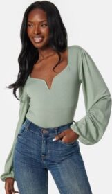 BUBBLEROOM Square V-neck Long Sleeve Puff Top Green S
