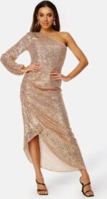 Elle Zeitoune Leon One Shoulder Sequin Dress Rose Gold M (UK12)