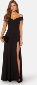 Goddiva Bardot Pleat Maxi Split Dress