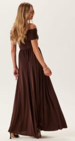 Goddiva Bardot Rouched Maxi Split Dress