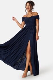 Goddiva Bardot Rouched Maxi Split Dress