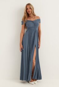 Goddiva Bardot Rouched Maxi Split Dress