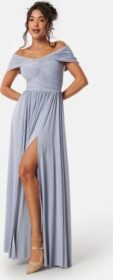 Goddiva Bardot Rouched Maxi Split Dress Light Blue S (UK10)