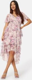 Goddiva Floral Flutter Tiered High Low Dress Pink XS (UK8)