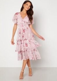 Goddiva Floral Flutter Tiered Midi Dress Blush XS (UK8)