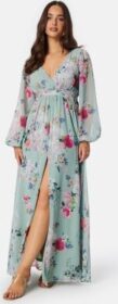 Goddiva Floral Long Sleeve Chiffon Maxi Dress Green XL (UK16)