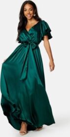 Goddiva Flutter Sleeve Satin Maxi Dress Green S (UK10)