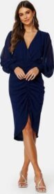 Goddiva Long Sleeve Chiffon Rouched Midi Dress Navy S (UK10)