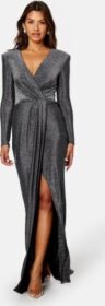 Goddiva Long Sleeve Glitter Maxi Dress Black/Silver S (UK10)