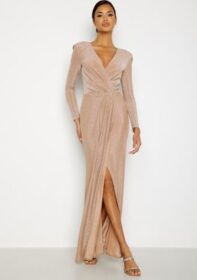 Goddiva Long Sleeve Glitter Maxi Dress Nude M (UK12)