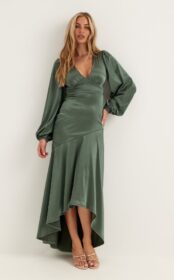 Goddiva Satin Balloon Sleeve High Low