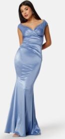 Goddiva Satin Bardot Pleat Maxi Dress Dusty Blue M (UK12)