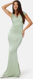 Goddiva Satin Bardot Pleat Maxi Dress Sage Green L (UK14)
