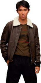 Hugo Leeon Leather Jacket Ruskea M Mies