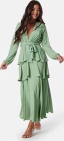 John Zack Long Sleeve Tiered Maxi Dress Sage Green L (UK14)